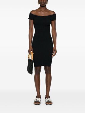 HUNZA G Grace Black Stretch Crinkled Finish Off Shoulder Bodycon Dress, One Size